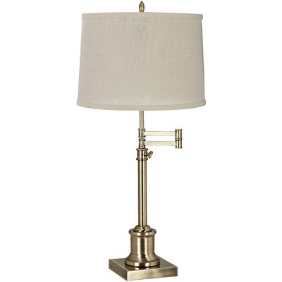 360 Lighting Traditional Swing Arm Desk Table Lamp Adjustable Height Antique Brass Cream Burlap Drum Shade for Living Room Bedroom