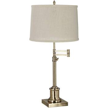 360 Lighting Traditional Swing Arm Desk Table Lamp Adjustable Height 36" Tall Antique Brass Cream Burlap Drum Shade for Living Room Bedroom