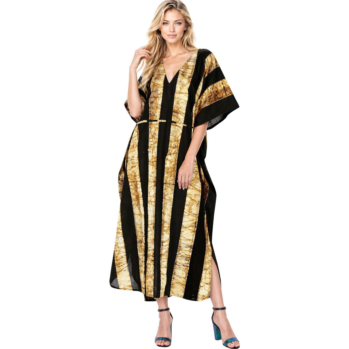 LA LEELA Summer Cotton Women Resortwear Lounge Caftan Vacation Cruise Holiday Beach Cover Up Maxi Dress 2X-3X Black Stripe