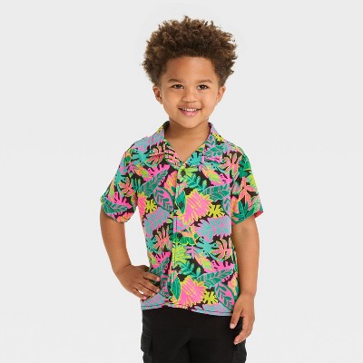Image of Toddler Boys' Short Sleeve Gauze Woven Challis Tropical Shirt - Cat & Jack™ Black 12M