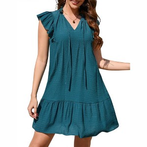 Women's Babydoll Mini Dress Summer V Neck Flutter Sleeve Boho Floral Flowy Shift Short Dress - 1 of 4