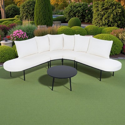 Outdoor Patio Iron Curved Sectional Sofa Set with Coffee Table and Cushions