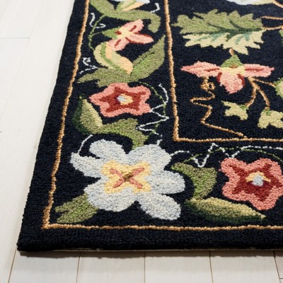 Black Floral Handmade Wool and Cotton Runner Rug