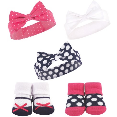 Hudson Baby Infant Girl Headband And Socks Set 5pk, Navy Pink Dot, 0-9 ...