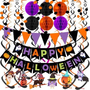 Happy Halloween Banner Paper Triangle Flag Bunting Circle Confetti Dots Hanging Garland Honeycomb Ball Swirl Streamers for Halloween Party Decorations - 1 of 3