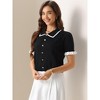 INSPIRE CHIC Women's Contrast Trim Short Puff Sleeve Pearl button Decor Turndown Collar Blouse - 3 of 4
