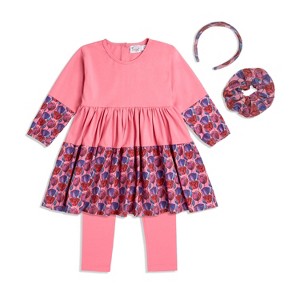 The Pink Picket Fence Louise Twirl Dress Set – Dress, Cotton Leggings, Scrunchie & Headband – Pink - 1 of 4