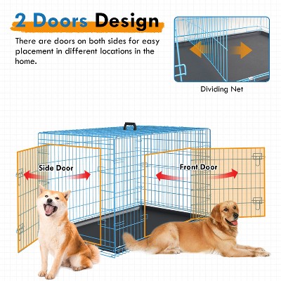 Large Blue Metal Double-Door Dog Crate with Tray