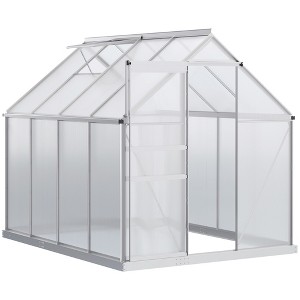 Outsunny Aluminum Greenhouse, Polycarbonate Walk-in Garden Greenhouse Kit with Adjustable Roof Vent, Rain Gutter and Sliding Door for Winter, Silver - 1 of 4