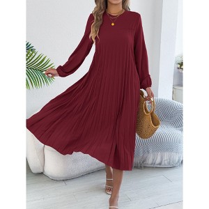 Women's Crewneck Long Sleeve Casual Loose Midi Dress Pleated A-Line Flowy  Elegant Party Work Fashion Long Dresses,Claret,X Small : Target