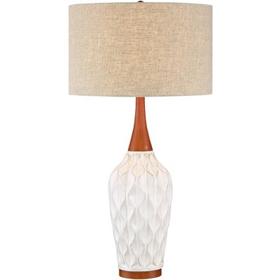 360 Lighting Mid Century Modern Table Lamp White Geometric Ceramic Wood Tan Fabric Drum Shade for Living Room Family Bedroom