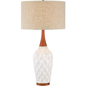 360 Lighting Rocco Modern Mid Century Table Lamp 30" Tall White Geometric Ceramic Wood Tan Fabric Drum Shade for Bedroom Living Room Bedside Office