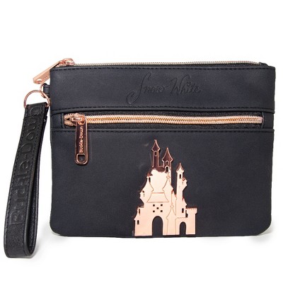 Disney Wallet, Double Pocket Wristlet, Snow White Script Debossed, Castle Emblem Rose Gold, Black, Vegan Leather