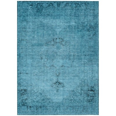 Denim Blue And Navy Blue Oriental Washable Indoor Outdoor Area Rug