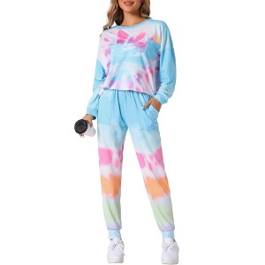 cheibear Women's Cotton Tie Dye Long Sleeve Round Neck Shirt with Drawstring Long Pants Pajama Set - 1 of 4