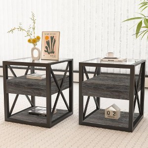 NicBex Industrial 3-Tier End Table with Drawer, Tempered Glass & Metal Frame Side Table, Modern Nightstand for Bedroom, Living Room Small Table - 1 of 4