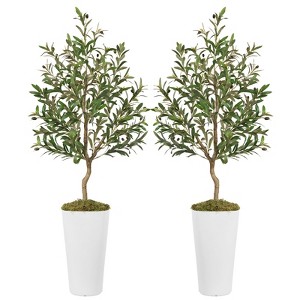 2 Pack 5ft Artificial Olive Trees with Fruits and White Planters – Faux Indoor Tall Greenery for Home Decor - 1 of 4