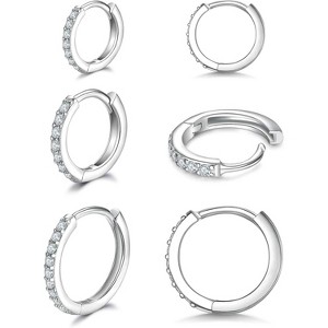 3-Pair 925 Sterling Silver Huggie Hoops - 14K White Gold Plated CZ Cartilage Earrings for Women & Men - 1 of 4