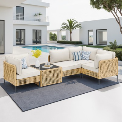 Buenhomino Boho Wicker Outdoor Sectional Seating Set, Yellow Patio Conversation Sofa Set with Cushions