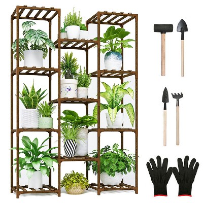 NewHome "Multi-Tier Wooden Plant Stand 11-Pot Flower Display Rack for Patio, Balcony, Garden & Home Decor"Brown