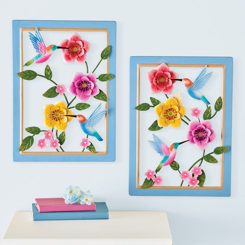 Collections Etc Hand-Painted Hummingbirds and Flowers Wall - Set of 2 8" x 1" x 11", 2 of 3