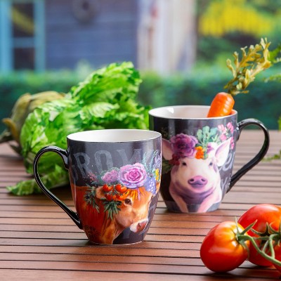 Evergreen Ceramic Cup O' Java, 17 OZ, Floral Cow