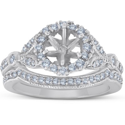 Pompeii3 Vintage Halo Diamond Engagement Ring Setting Semi Mount Matching Wedding Band