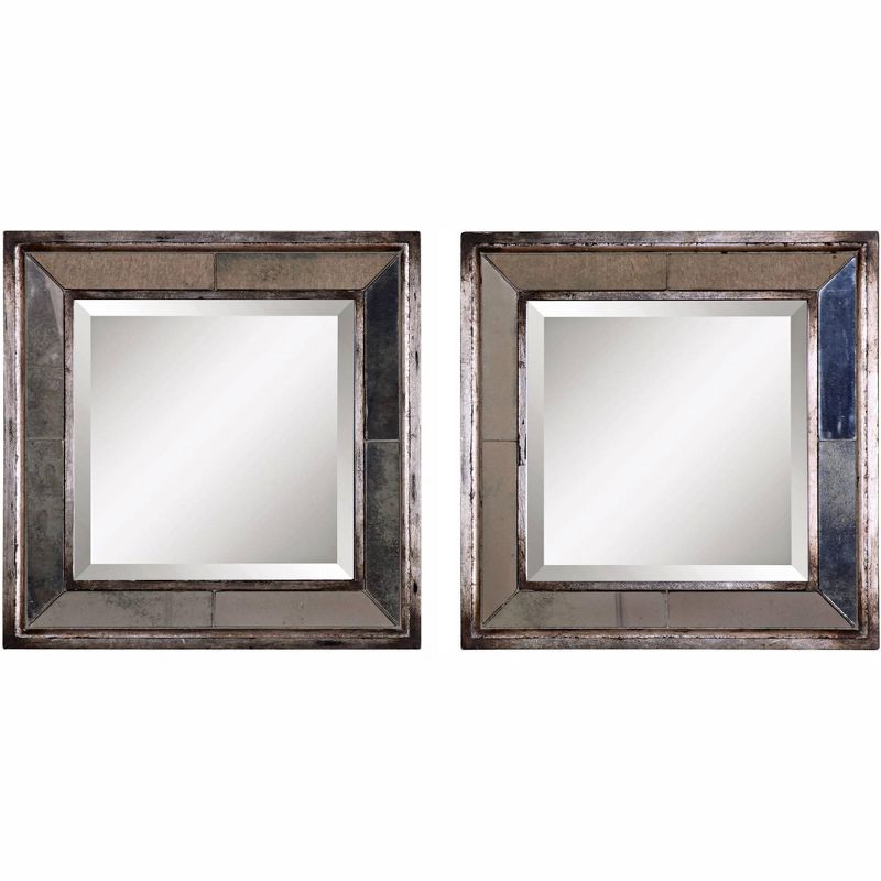 Uttermost Square Vanity Accent Wall Mirrors Set of 2 Industrial Beveled Antiqued Silver Leaf Frame 18" Wide for Bathroom Bedroom, 1 of 2