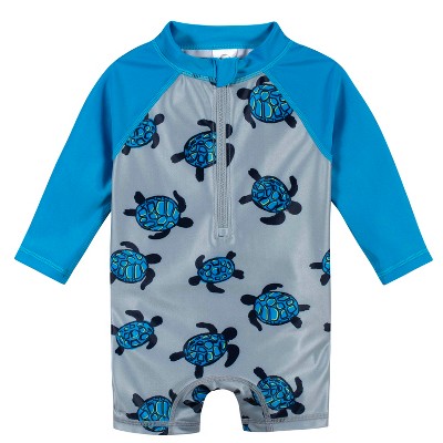 Image of Gerber Baby & Toddler Boys' One-Piece Long Sleeve Rash Guard Swimsuit UPF 50+  - Turtles - 0-3M
