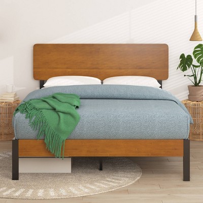 Twin Brown Wood and Metal Platform Bed Frame with Headboard