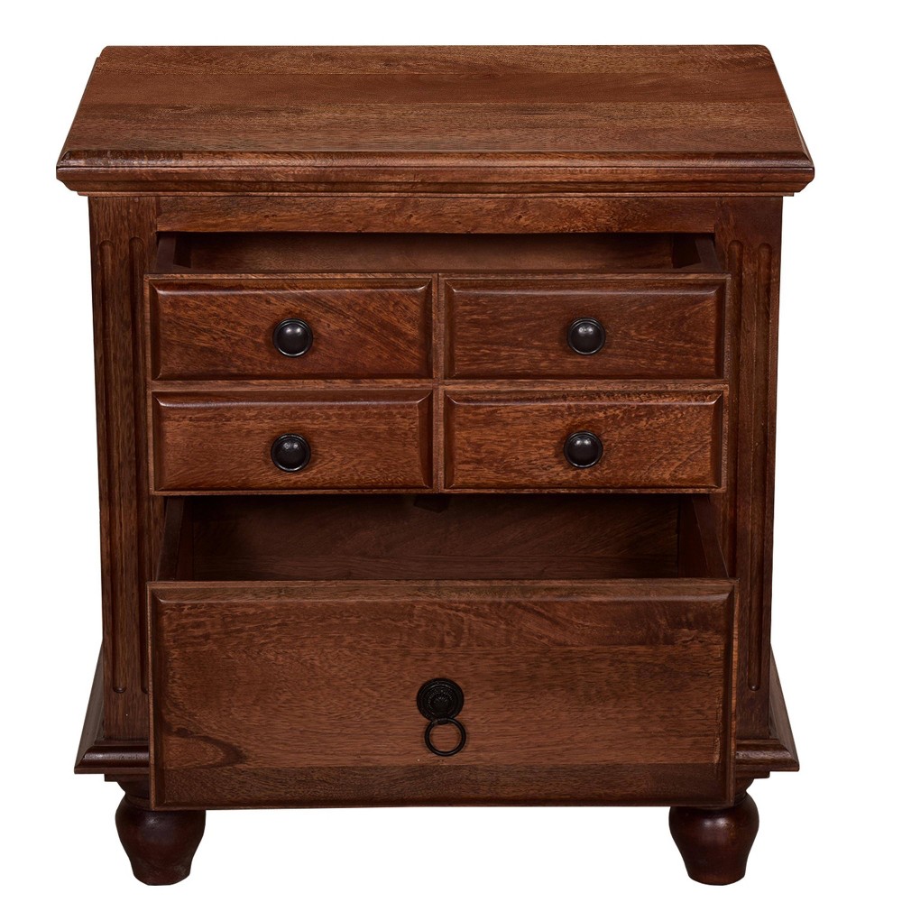 Benzara 26" Handcrafted Nightstand 2 Drawers Antique Style Gold Knobs Cherry Brown Wood Brown