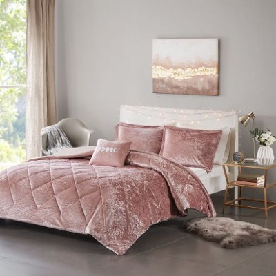 Sapphtopaz 4-Piece Full/Queen Velvet Duvet Cover Set, Diamond Quilted Queen Quilt Bedding Set with 2 Shams & Pillow -Blush