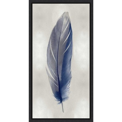 Blue Feather on Silver II Vertical Canvas Print with Black Frame
