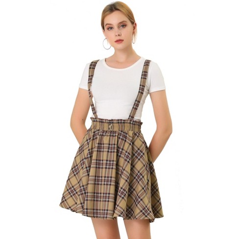 Allegra K Women's Plaid Pleated Mini Tartan Overall Skater Suspender Skirt  Brown Medium