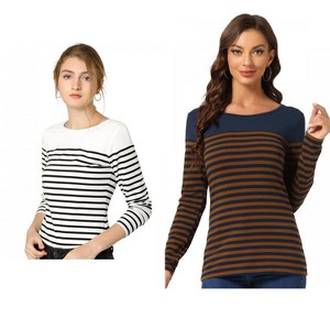 Allegra K Women's Color Block Round Neck Long Sleeves Striped Basic T-Shirt 2 Packs - 1 of 4