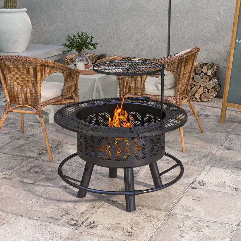 Outsunny 2-in-1 Fire Pit, BBQ Grill, 33" Portable Wood Burning Firepit with Adjustable Cooking Grate, Pan and Poker, Black, 2 of 7