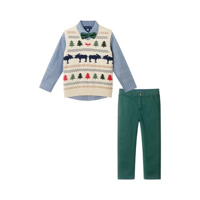 Andy & Evan  Toddler  Beige Sweater Vest, Blue Buttondown & Green Pant Set