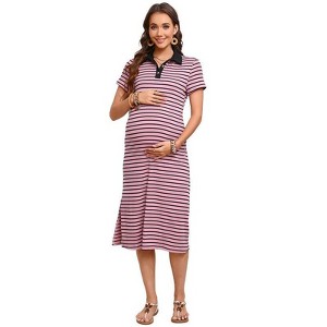 Womens Maternity Maxi Dress Short Sleeve Collar Button Down Split Hem Striped Dress - 1 of 4