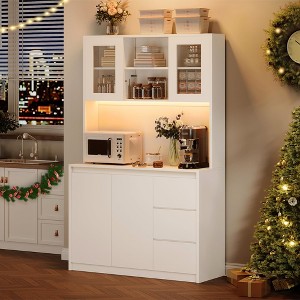 Whizmax Kitchen Pantry Cabinet with LED Lights and Charging Station, Tall Storage Cabinet with Countertop, Pantry with Drawer and Glass Doors - 1 of 4