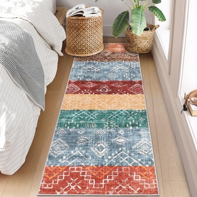 Boho Machine Washable Rug for Living Room Modern Non-Slip Rug for Bedroom Traditional Low Pile Indoor Mat for Dining Room