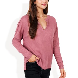 Anna-Kaci Women's Long Sleeve Waffle Knit Top with Notched Neckline and Chest Pocket - 1 of 4