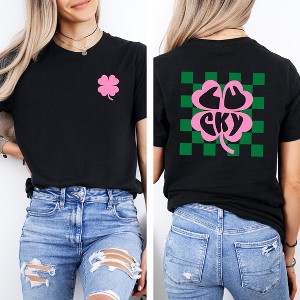 Simply Sage Market Women's Lucky Clover Checkered Front and Back Short Sleeve Graphic Tee - 1 of 2