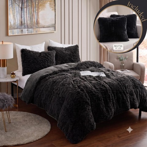 Комплект с одеялом Sweet Home Collections 5 Piece Plush Shaggy Comforter Set Ultra Soft Luxurious Faux Fur & Velvet Bedding with Decorative Pillows, Queen, Silver, цвет: Чёрный