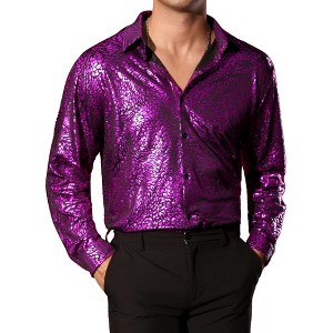 Lars Amadeus Men's Long Sleeves Button Down Leopard Printed Metallic Shirts - 1 of 4