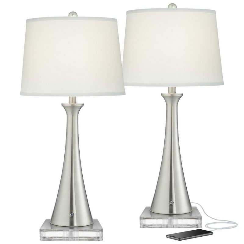 360 Lighting Karl Modern Table Lamps Set of 2 with Square Risers 29" Tall Brushed Nickel USB and AC Power Outlet in Base White Shade for Bedroom House, 1 of 8