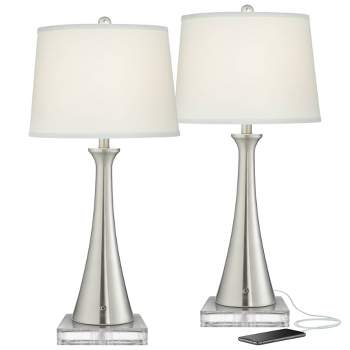 360 Lighting Karl Modern Table Lamps Set of 2 with Square Risers 29" Tall Brushed Nickel USB and AC Power Outlet in Base White Shade for Bedroom House