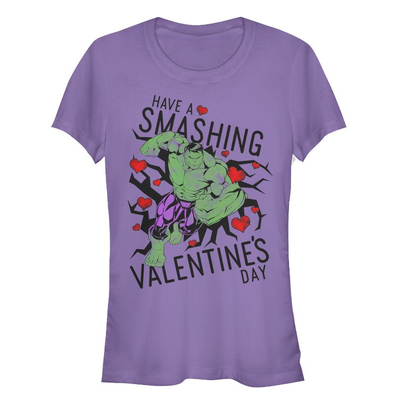 Juniors Womens Marvel Valentine's Day Hulk Smashing T-Shirt, 1 of 4