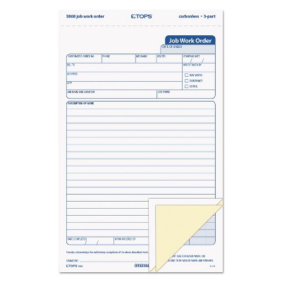 TOPS Snap-Off Job Work Order Form 5 2/3" x 8 5/8" Three-Part Carbonless 50 Forms 3868