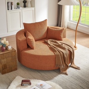 1pc Oversized Swivel Lounge Chair, Chenille Upholstered Barrel Seat with Removable Pillows, No Legs Needed - Coolbibila - 1 of 4