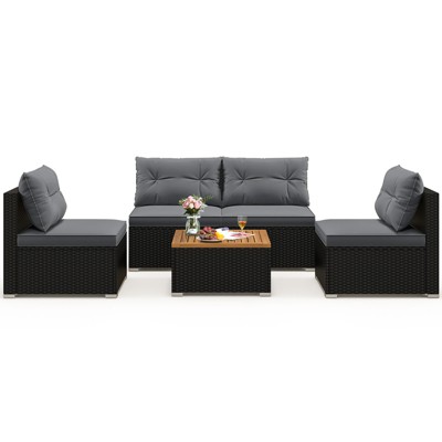 Tangkula Set Of 5 Rattan Sofa Set Outdoor Wicker Furniture Set w/Seat & Back Cushions Square Coffee Table Patio Sofa Set Gray